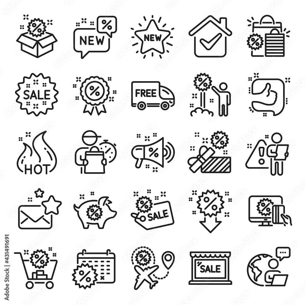 Discount line icons. Set of Shopping, Sale and New icons. Free delivery, Flight sale and Black friday discount. Hot offer, Airplane and new store. Online shopping. Black friday clearance. Vector Discount line icons. Set of Shopping, Sale and New icons. Free delivery, Flight sale and Black friday discount. Hot offer, Airplane and new store. Online shopping. Black friday clearance. Vector