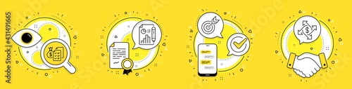 Report document, Accounting wealth and Target line icons set. Licence, cell phone and deal vector icons. Payment exchange sign. Growth chart, Audit report, Targeting. Money transfer. Vector