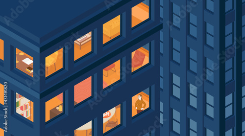 View of the apartment building and the city. Residential building, housing. Woman. Isometric cityscape, city view, city skyline. Vector illustration in flat design.
