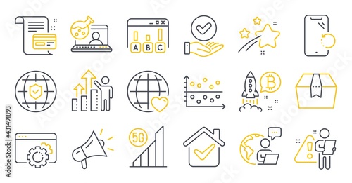 Set of Technology icons, such as 5g wifi, International love, Payment card symbols. Dot plot, Megaphone, Seo gear signs. Package box, Global insurance, Survey results. Online chemistry. Vector