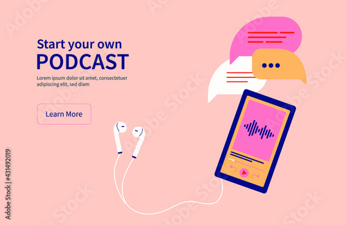Lay out of phone playing a podcast with headphones and speech bubbles