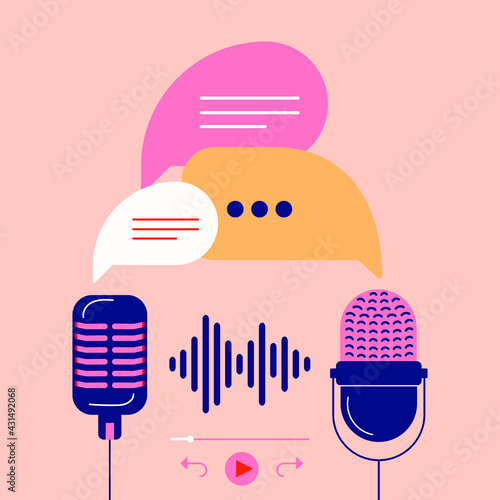 Two microphones with speech bubbles and sound waves