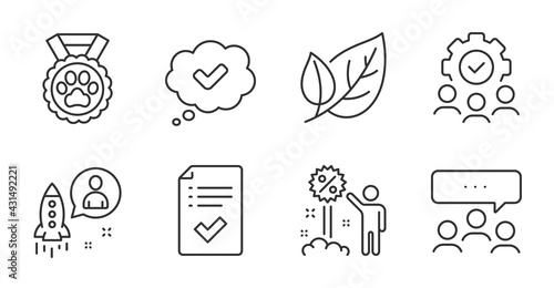 Teamwork, Leaf and Dog competition line icons set. Startup, Approved and Approved checklist signs. Meeting, Discount symbols. Workflow, Ecology, Winner medal. Business set. Quality line icons. Vector