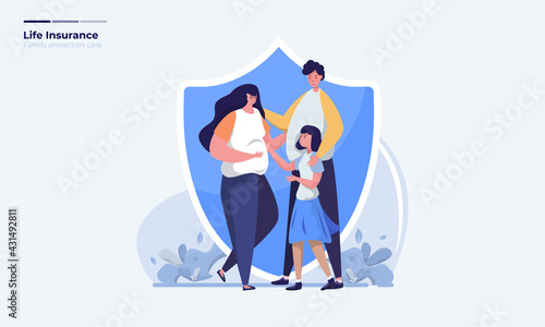 Vector illustration of family life protection with insurance