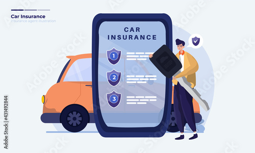 Car insurance illustration with mobile insurance application