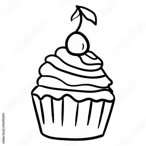 Cupcake hand drawn vector doodle illustration. Cartoon cake. Isolated on white background. Sweet. Hand drawn simple element