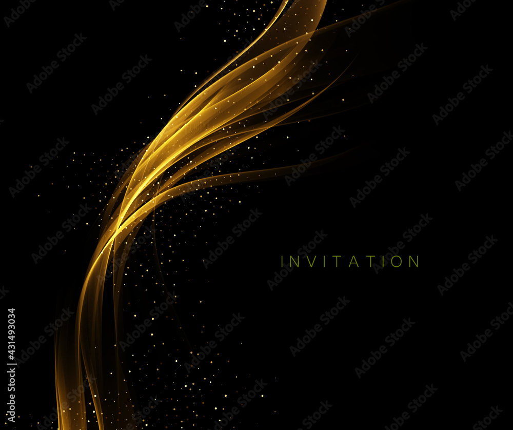 Fototapeta premium Golden abstract transparent light effect on black background, gold glitters and light lines in golden color. Abstract background