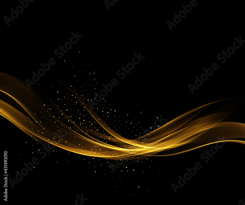 Golden abstract transparent light effect on black background, gold glitters and light lines in golden color. Abstract background