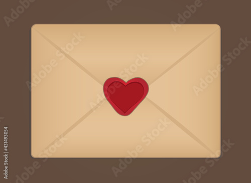 Cute white sealed envelope with heart sticker on brown background