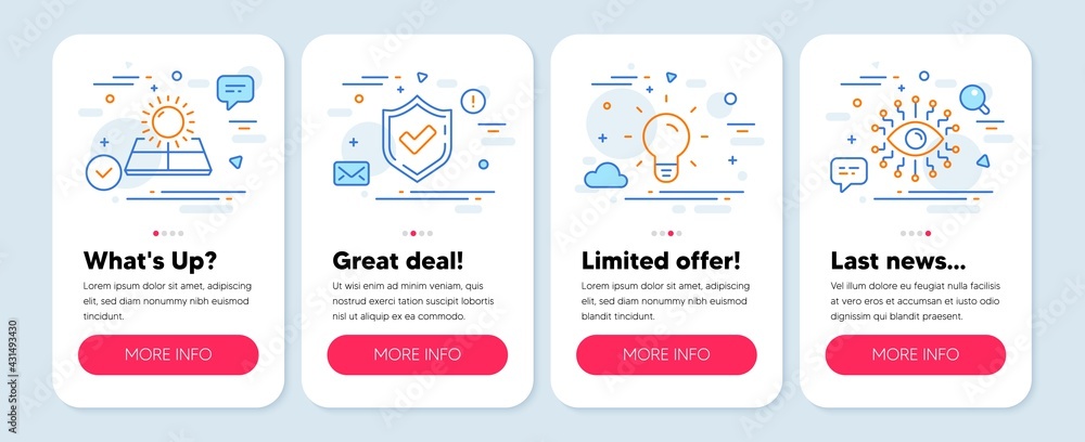 Set of Technology icons, such as Sun energy, Confirmed, Light bulb symbols. Mobile app mockup banners. Artificial intelligence line icons. Solar panels, Accepted message, Lamp energy. Vector Set of Technology icons, such as Sun energy, Confirmed, Light bulb symbols. Mobile app mockup banners. Artificial intelligence line icons. Solar panels, Accepted message, Lamp energy. Vector