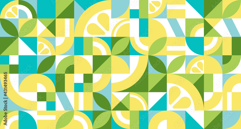 Geometric abstract texture in Bauhaus style with lemon. Seamless repeating pattern with simple shapes, mosaic of squares and triangles. Vector retro illustration for background, wallpaper Geometric abstract texture in Bauhaus style with lemon. Seamless repeating pattern with simple shapes, mosaic of squares and triangles. Vector retro illustration for background, wallpaper