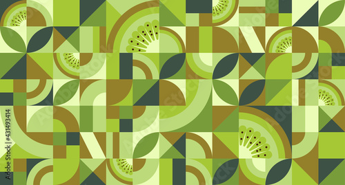 Abstract geometric background with kiwi fruit in Bauhaus style. Texture with simple repeating shapes, mosaic retro wallpaper. Seamless pattern. Vector illustration