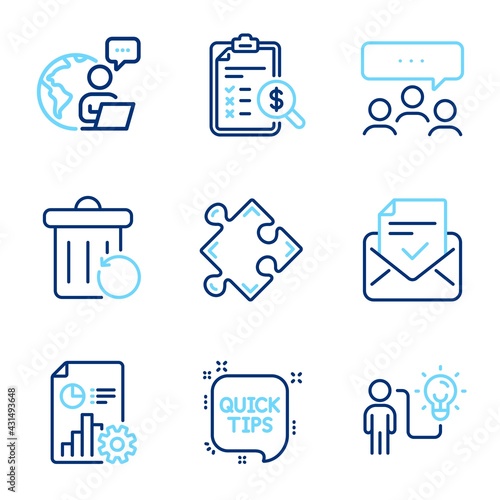 Education icons set. Included icon as Recovery trash, Approved mail, Quick tips signs. Meeting, Strategy, Business idea symbols. Report, Accounting report line icons. Line icons set. Vector