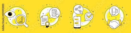 Share, Bitcoin graph and Heart rating line icons set. Licence, cell phone and deal vector icons. Refrigerator timer sign. Follow network, Cryptocurrency analytics, Phone feedback. Vector