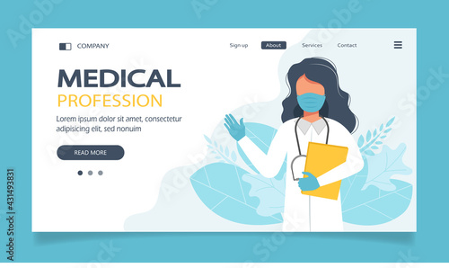 Female doctor wearing a medical mask and gloves. Coronavirus COVID-19 prevention concept. Vector illustration in flat style