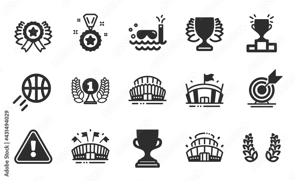 Winner podium, Sports arena and Laurel wreath icons simple set. Winner ribbon, Target goal and Arena stadium signs. Award cup, Laureate award and Basketball symbols. Flat icons set. Vector