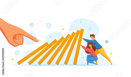 Domino effect of businessman pushing hard against falling domino vector illustration