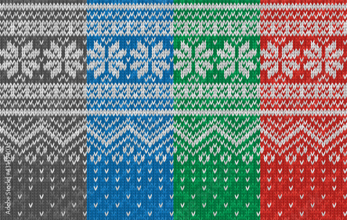 Seamless realistic knitted pattern with snowflakes. Christmas holiday print. Texture of wool knit. Vector winter illustration of knitwear for background, wallpaper, backdrop. Scandinavian style