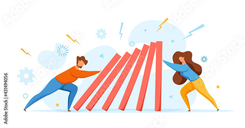 Domino effect of businessman pushing hard against falling domino vector illustration