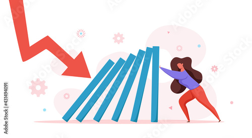 Domino effect of businessman pushing hard against falling domino vector illustration