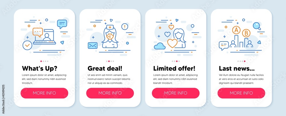 Set of People icons, such as Friends chat, Nurse, Love symbols. Mobile screen mockup banners. Ab testing line icons. Message, Medical mask, Woman in love. Test chart. Friends chat icons. Vector