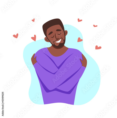 Love yourself African American men hugging herself with enjoying emotions vector illustration.