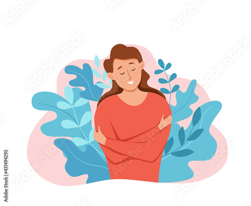 Love yourself woman hugging herself with enjoying emotions vector illustration.