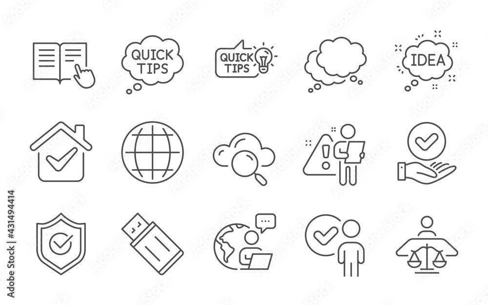 Education idea, Quick tips and Approved checkbox line icons set. Cloud computing, Usb flash and Verification person signs. Globe, Read instruction and Speech bubble symbols. Line icons set. Vector Education idea, Quick tips and Approved checkbox line icons set. Cloud computing, Usb flash and Verification person signs. Globe, Read instruction and Speech bubble symbols. Line icons set. Vector