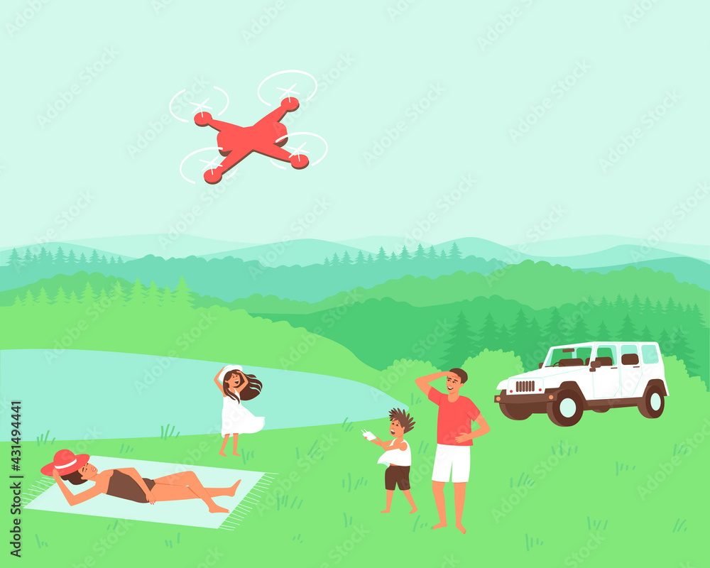 The family is resting in nature in solitude. Travelling by car. Dad and son are launching a quadcopter. Mom is sunbathing. Flat vector illustration.