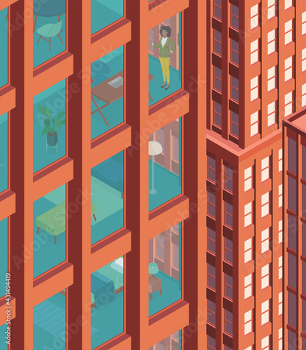 View of the apartment building and the city. Residential building, housing. Woman. Isometric cityscape, city view, city skyline. Vector illustration in flat design.
