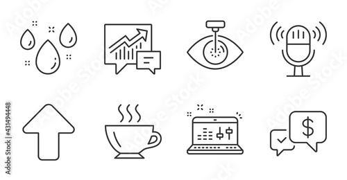 Payment received, Coffee and Eye laser line icons set. Rainy weather, Upload and Accounting signs. Sound check, Microphone symbols. Money, Cappuccino, Optometry clinic. Business set. Vector