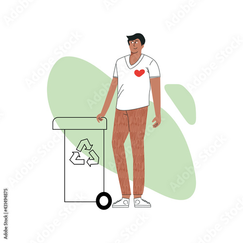 Volunteer and volunteering recycling concept. Young man or ecologist collecting garbage. Altruistic activity, environmental protection. Flat outline cartoon vector illustration isolated on white