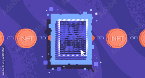 Non-fungible token collectibles concept. Chain with crypto coins and digital art. Artwork in binary code style. Not interchangeable copy for gallery. 