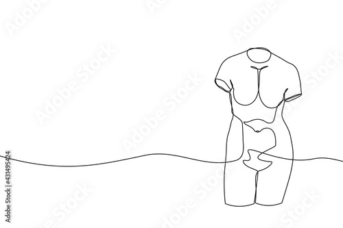 One continuous line drawing of antique statue. One line hand drawn sculpture of female body without hands. Vector illustration.