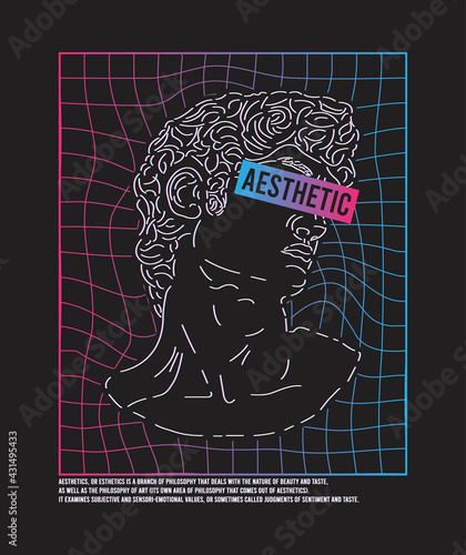 Aesthetic - slogan with antique sculpture for t-shirt design. Vaporwave and retrowave style print for tee shirt or apparel with hand drawn statue head. Vector illustration.