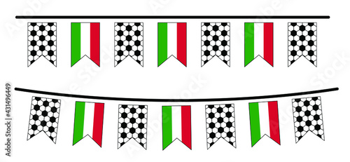 Bright party bunting flag with the flag of Italy. Football net pattern. Soccer ball party buntings flags. Funny vector sport icon. World sport finale or school game cup.