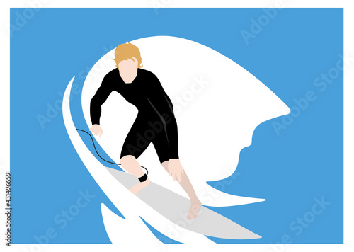 Young man surfer surfing a big wave on his surfboard and wearing a neoprene suit. Sports, water, ocean. Flat style vector illustration.