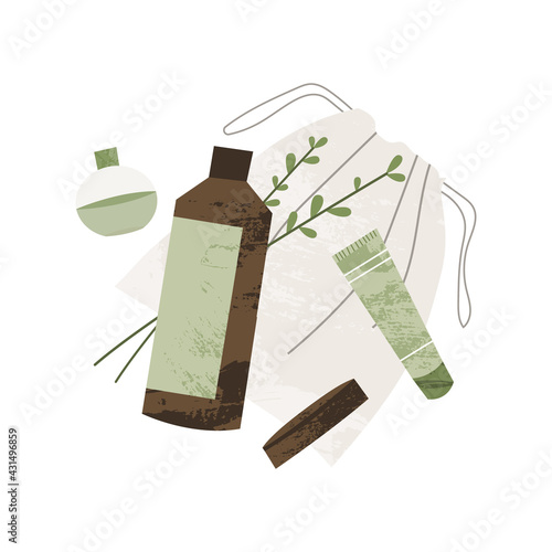 Expectorant mucolytic cough suppressant. Homeopathy, naturopathy. Complementary, alternative, integrative, holistic medicine. Natural organic herb. Apothecary bottle. Vector flat cartoon illustration