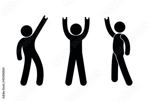 group of people having fun, raised hand up, goat gesture, rock gesture, stick man isolated silhouettes, people icon