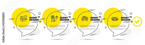 Flight sale, Tractor and Honeymoon travel line icons set. Timeline infograph speech bubbles. Car sign. Travel discount, Farm transport, Love trip. Transport. Transportation set. Vector