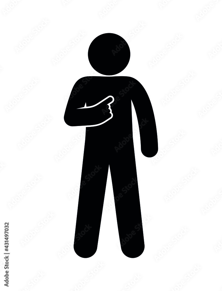 Obraz premium Man shows his finger, gesture indicates the direction, icon man points to himself in the chest, stick figure human silhouette, man gesture with his hand