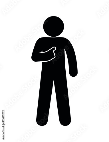 Man shows his finger, gesture indicates the direction, icon man points to himself in the chest, stick figure human silhouette, man gesture with his hand