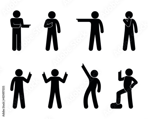 Man shows his finger, gesture indicates the direction, icon man, stick figure human silhouette, set of people various gestures with his hands