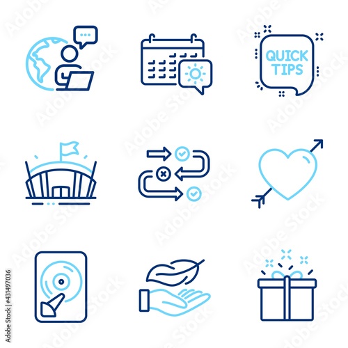 Business icons set. Included icon as Special offer, Hdd, Lightweight signs. Survey progress, Love, Quick tips symbols. Arena, Travel calendar line icons. Delivery box, Memory disk. Vector