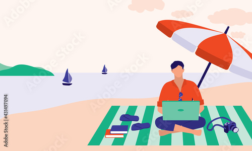 Man Working On Laptop At The Beach. Digital Nomad Concept. Vector Illustration Flat Cartoon. Young Male Blogger Doing Freelance Work While Traveling.