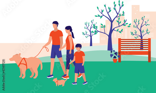 Family With One Child Walking Their Dog In The Park. Full Length. Flat Design.