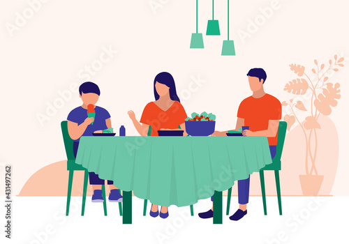 Fat Boy Eating Ice Cream During Dinner. Mother Preventing Her Obesity Son From Overeating. Full Length. Flat Design.