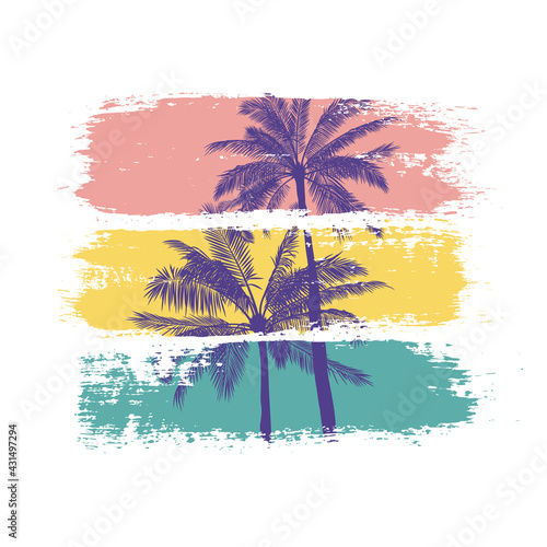 Summer vector illustration of palm trees silhouettes with colorful brush strokes. Isolated template for print and design in a tropical style. Botanical poster