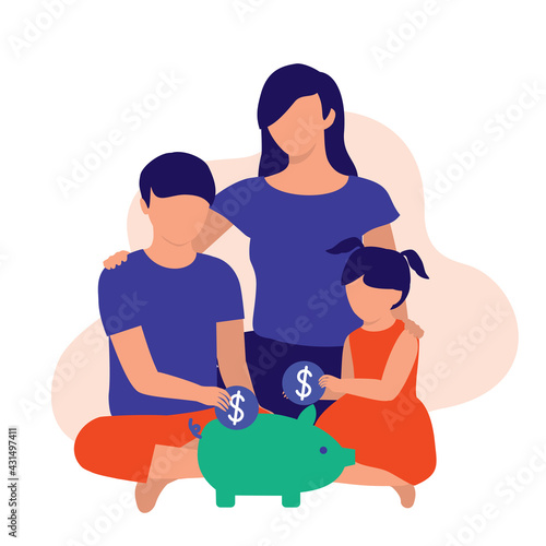 Mother Teaching Her Children Saving Money. Family Finance Concept. Vector Illustration Flat Cartoon. Boy And Girl Putting Money Into The Coin Bank.