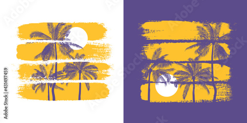 Botanical illustration of silhouettes of palm trees and sun with colorful brush strokes. Vector template for print and design in a tropical style. Summer poster in yellow and purple colors